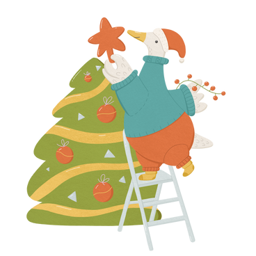 Goose standing on the ladder and decorating a large Christmas tree PNG, SVG