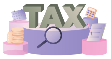 Lettering tax con calcolatrice, calendario e testo con lente di ingrandimento PNG, SVG