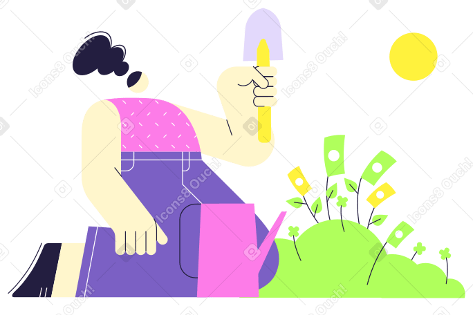 Woman planting money trees PNG, SVG