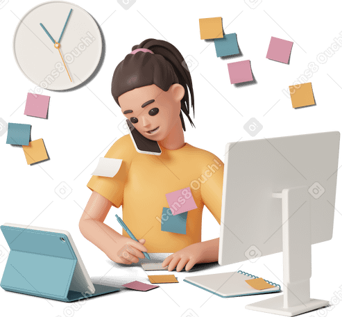 3D overworked woman talking on phone PNG, SVG