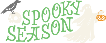 lettering spooky season with ghost, skull and crow text PNG, SVG