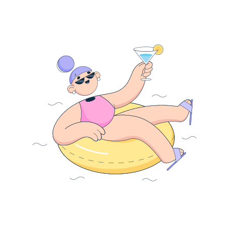 Woman chilling on vacation in a pool ring with cocktail Illustration in PNG, SVG