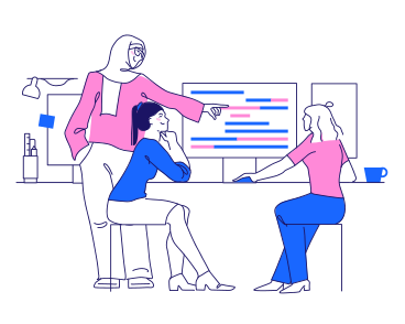 Female coders discuss the code in the office PNG, SVG