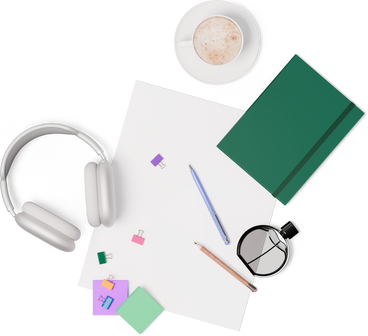 Top view of headphones, notebook, cup of coffee and pen PNG, SVG