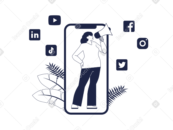 확성기와 스마트폰을 가진 여성이 소셜 네트워크에서 광고를 합니다. PNG, SVG