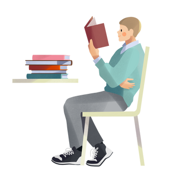 Young man reading a book sitting at a table PNG, SVG