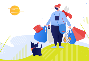 Woman carrying bags and walking her dog PNG, SVG