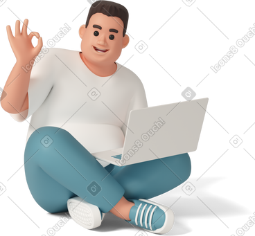 Happy man with laptop showing ok hand sign PNG, SVG