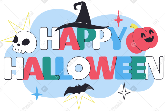 Lettering Happy Halloween with skull, pumpkin and bats text PNG, SVG