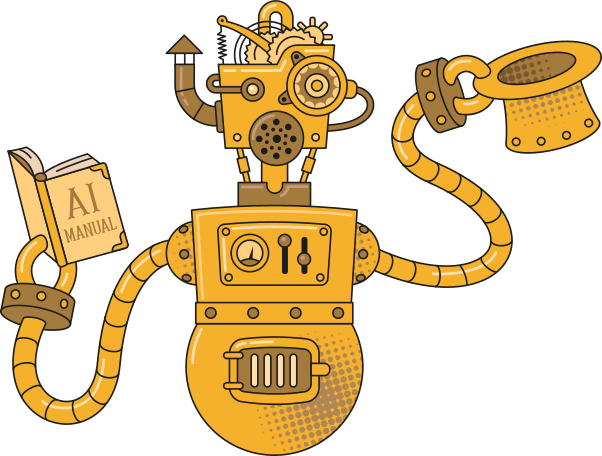 robot with a hat and a book in his hands Illustration in PNG, SVG
