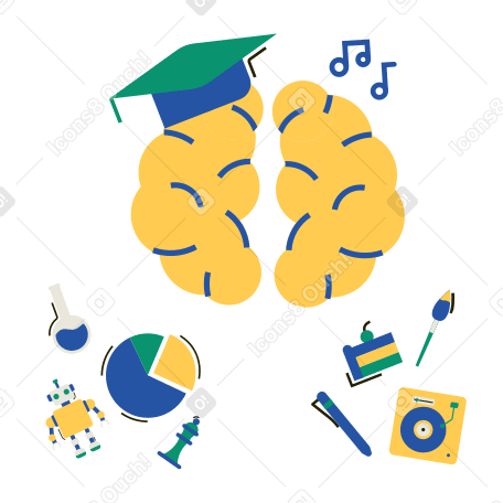 Brain in graduation hat with various talents and interests PNG, SVG