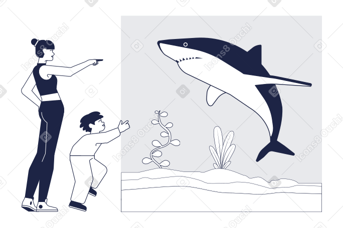Madre e hijo observando tiburones en el oceanario PNG, SVG