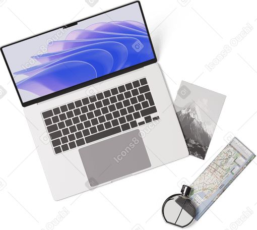 3D Vista superior do laptop, mapa, frasco de perfume, cartão postal PNG, SVG