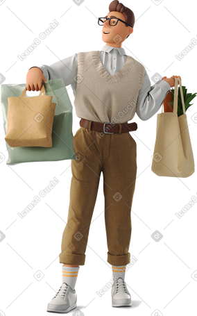 3D young man with shopper PNG, SVG