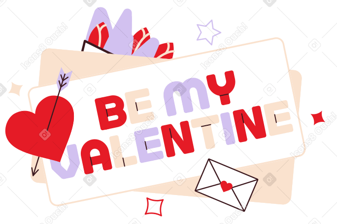 Надпись «будь моим валентином!» с текстом в виде сердца и конверта в PNG, SVG