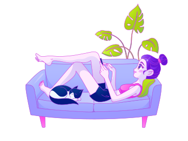 Girl lying on the couch and looking at her phone PNG, SVG