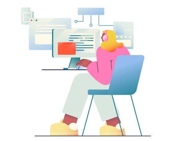 Woman sitting at desk and programming animated illustration in GIF, Lottie (JSON), AE