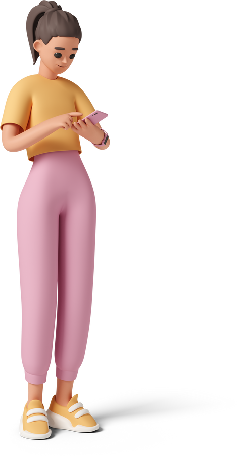 young woman standing and looking at her phone Illustration in PNG, SVG