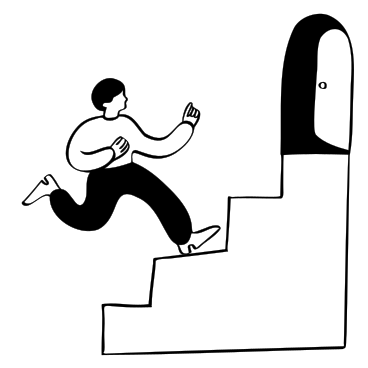 Homme courant dans les escaliers jusqu'à la porte ouverte PNG, SVG