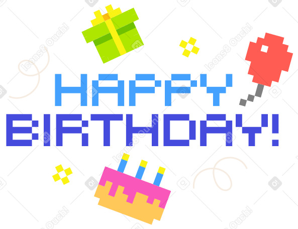 Schriftzug „happy birthday!“ mit geschenk, kuchen und luftballontext PNG, SVG