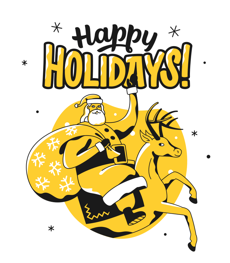 Happy Holidays text over the Santa with a bag of gifts on a reindeer Illustration in PNG, SVG