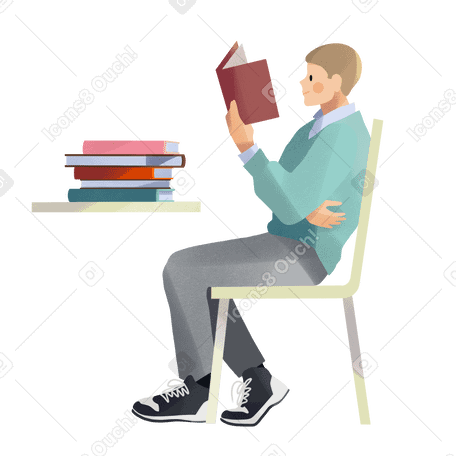 Young man reading a book sitting at a table PNG, SVG