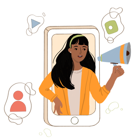 Girl with megaphone social media networking on a phone Illustration in PNG, SVG