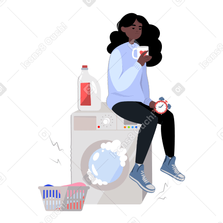 Girl drinking coffee while waiting for the end of the laundry Illustration in PNG, SVG