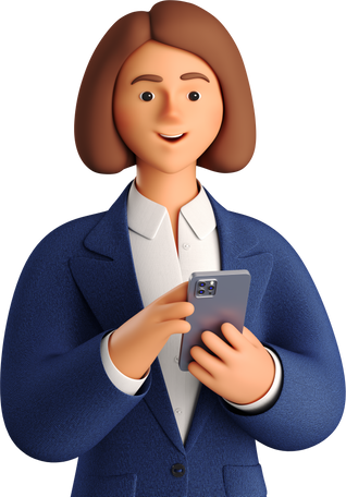 3D businesswoman in blue suit with phone looking straight Illustration in PNG, SVG
