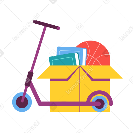 Box with children's stuff and a scooter Illustration in PNG, SVG