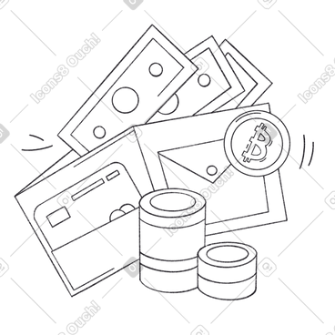 Banknotes coins and a credit card lying in a brown wallet PNG, SVG