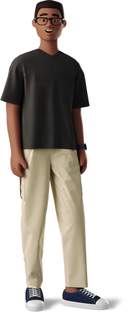 3D black man in glasses and casualwear standing Illustration in PNG, SVG