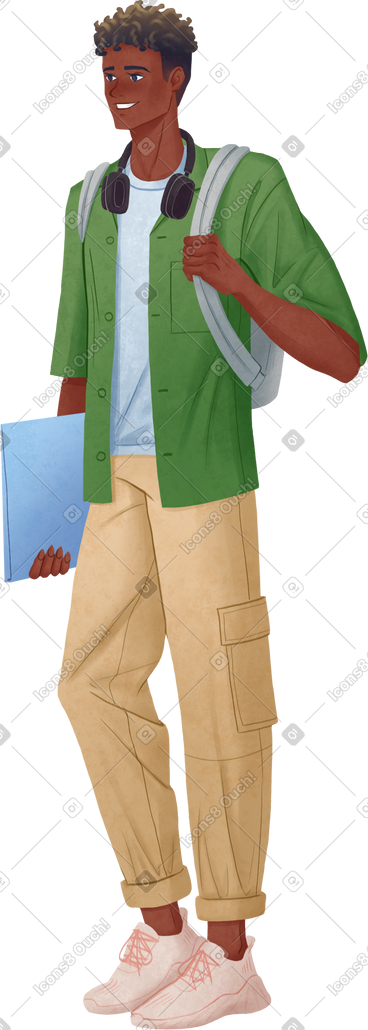 Man in green shirt with short sleeves standing and holding a clip PNG, SVG