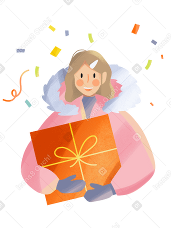 Girl in a pink jacket with an orange gift and confetti for the holiday Illustration in PNG, SVG