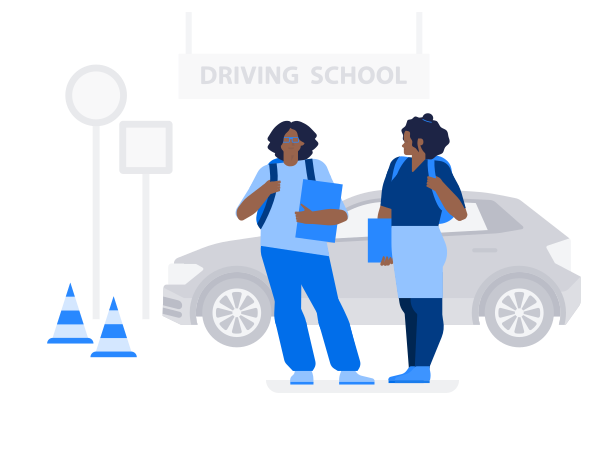 Two female students on background of car and road signs from driving school Illustration in PNG, SVG