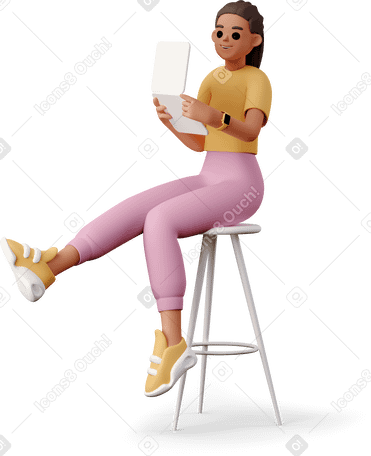 3D young woman sitting on stool with laptop Illustration in PNG, SVG