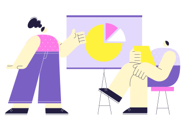 Coworkers discussing pie chart on projector screen PNG, SVG
