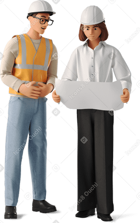 3D young man and woman looking at plan PNG, SVG