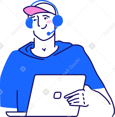 man in a cap and headphones holding a laptop Illustration in PNG, SVG