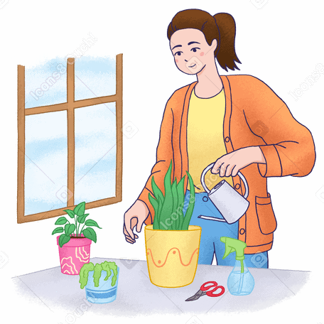woman watering and clipping houseplants PNG, SVG