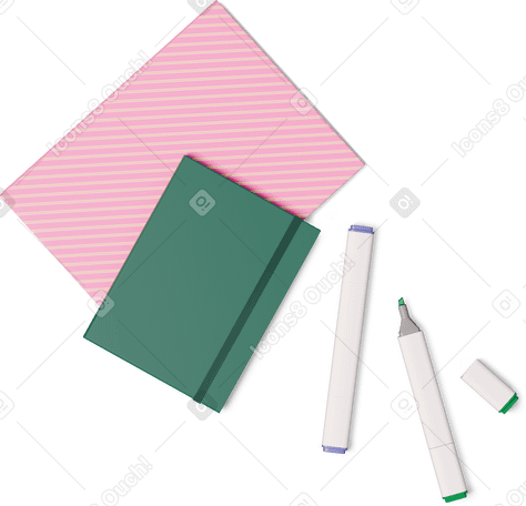 3D top view of notebooks and markers PNG、SVG