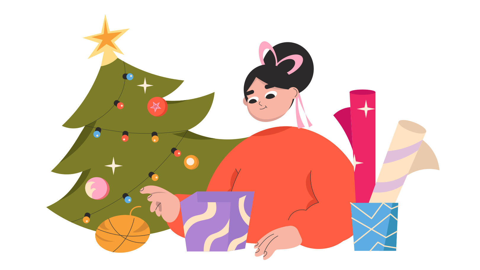 Woman wrapping gifts for Christmas Illustration in PNG, SVG