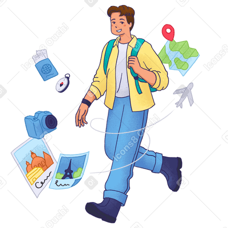 Молодой человек с рюкзаком и предметами для путешествий в PNG, SVG