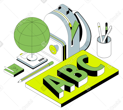 Надпись abc с рюкзаком, глобусом и текстом карандашей в PNG, SVG