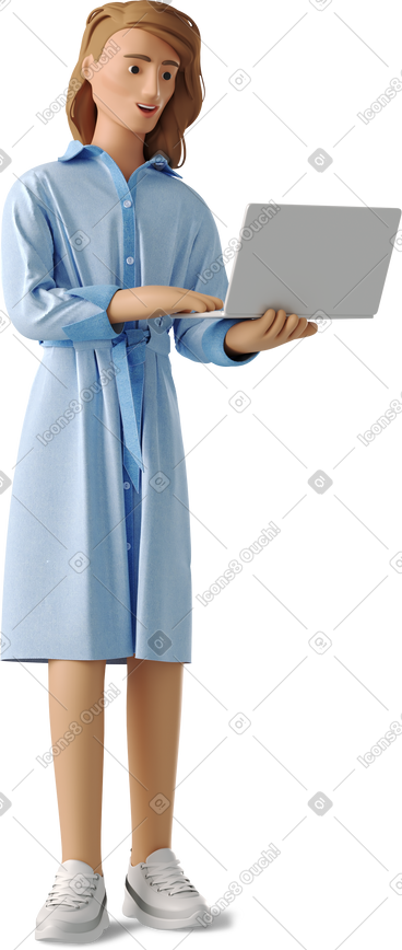 Non-binary person standing with a laptop PNG, SVG