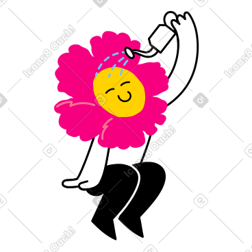 Flower-shaped character watering itself PNG, SVG
