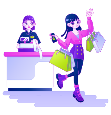 Chica haciendo compras y pagándolas usando su teléfono PNG, SVG