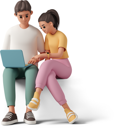 3D Girl and boy sitting with laptop PNG, SVG