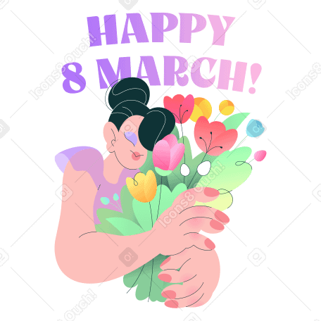 Texto feliz 8 de marzo arriba de una mujer joven con flores PNG, SVG