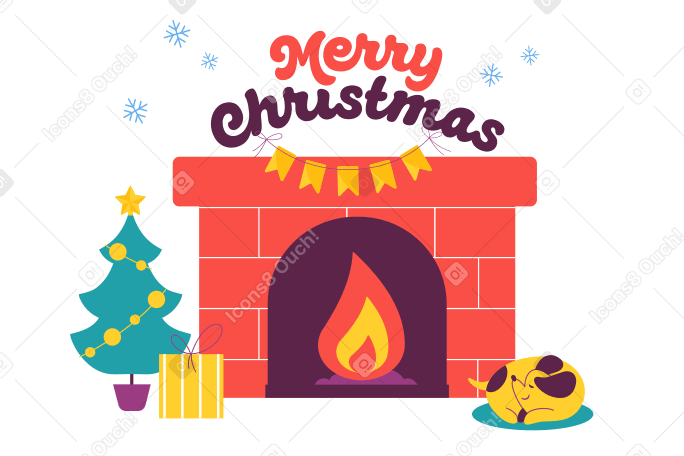 暖炉の上のメリークリスマスのテキスト のアニメーションイラスト、GIF、Lottie (JSON)、AE